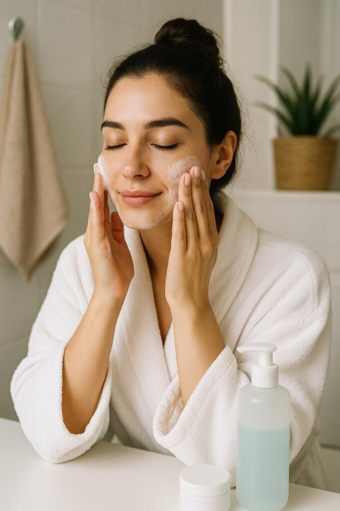 Une dame qui se nettoie le visage avec un produit qui mousse 