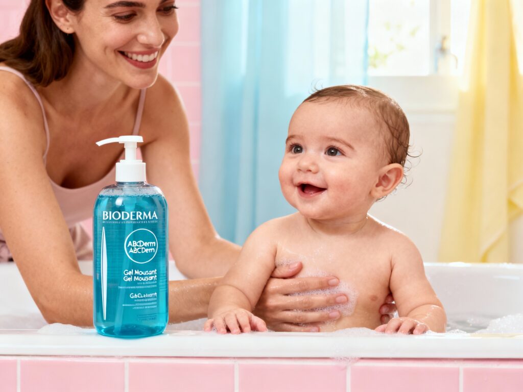 Une mère lavant son enfant dans une baignoire