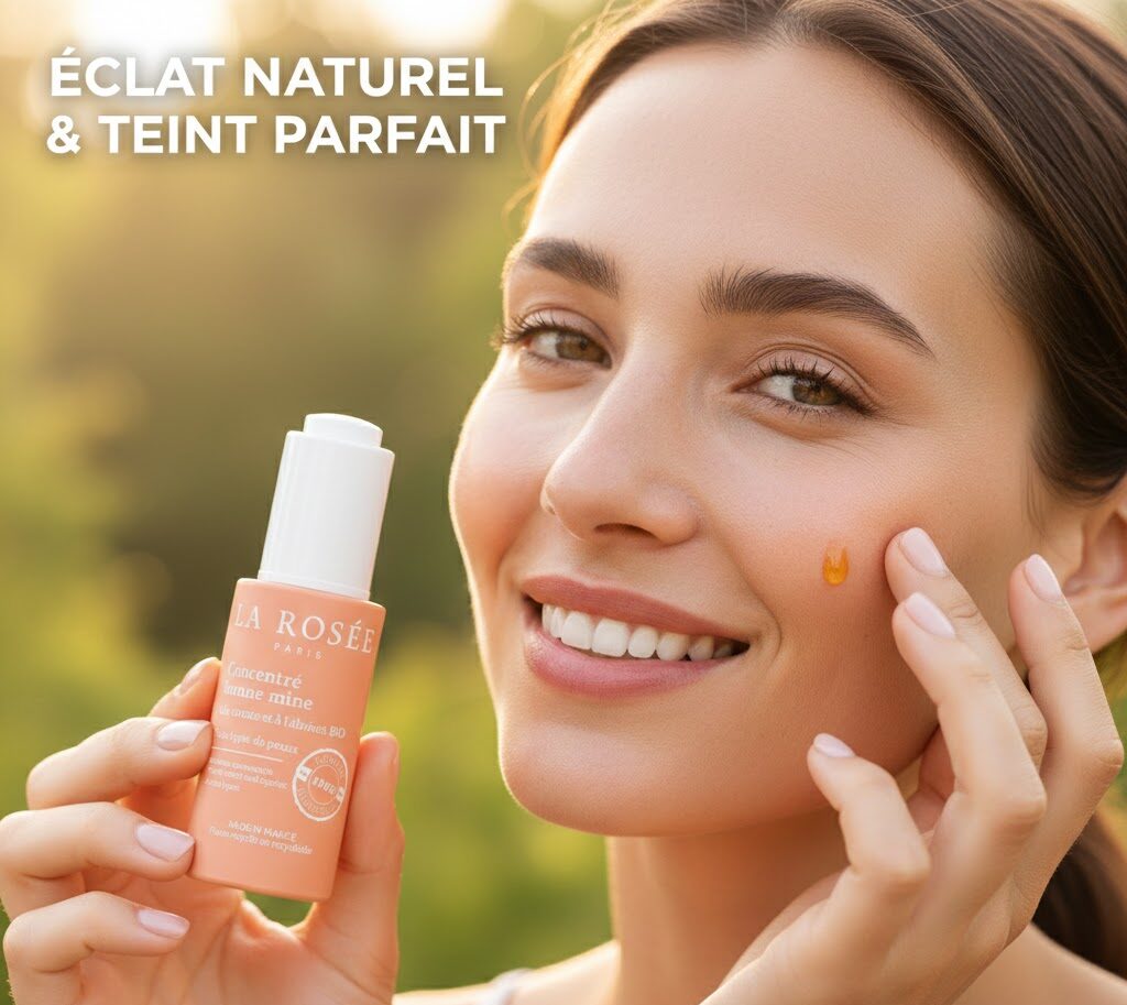 femme souriante avec le produit bonne mine la rosée en main